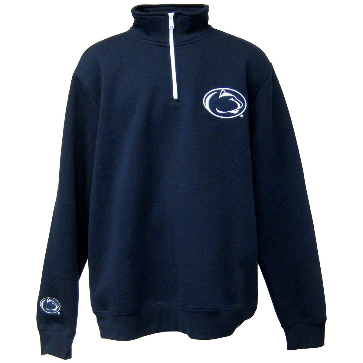 navy quarter zip top with Penn State Athletic Logo on left chest and above right wrist